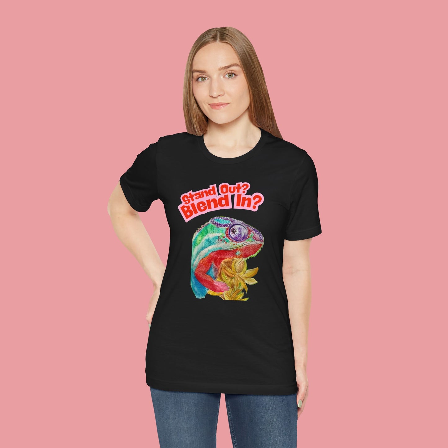 Colourful Chameleon Graphic Black T-Shirt - Hand Painted Design