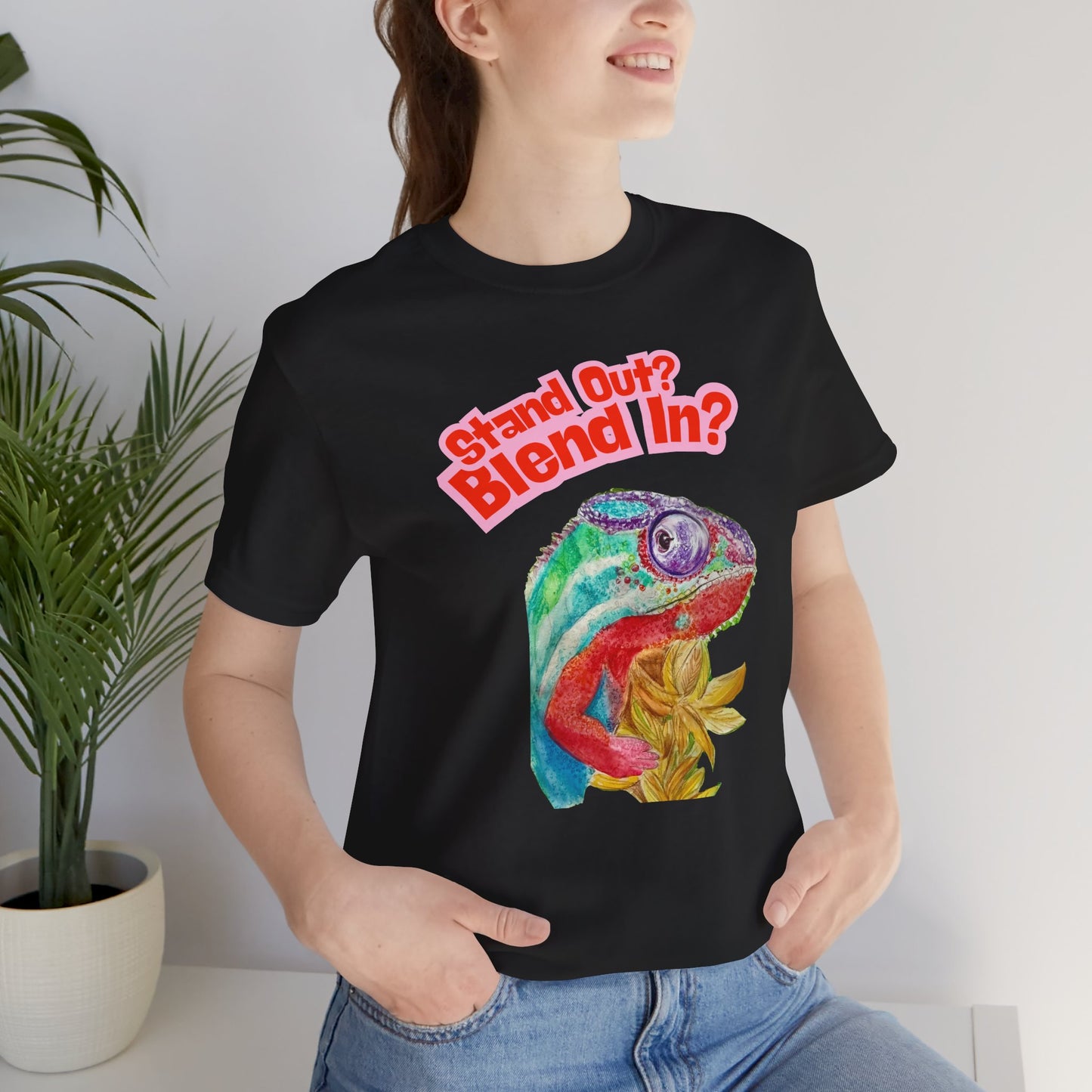 Colourful Chameleon Graphic Black T-Shirt - Hand Painted Design